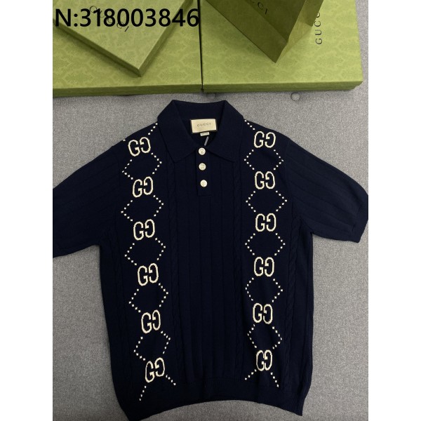 TJ공장 구찌 양쪽 GG로고 자카드 니트 반팔 폴로 네이비 Gucci