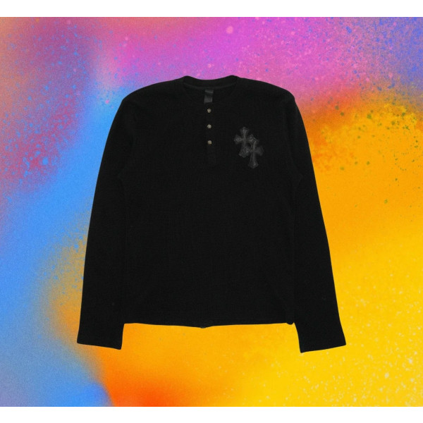 [꼬부기셀러] Chrome Hearts 크롬하츠 와플 조직 헨리넥 블랙 양가죽 장식 긴팔티